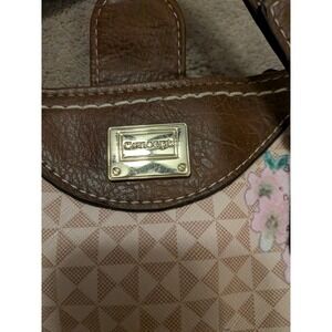 Concept Floral Tote Bag Brown Pink Geometric Print Faux Leather Shoulder Bag